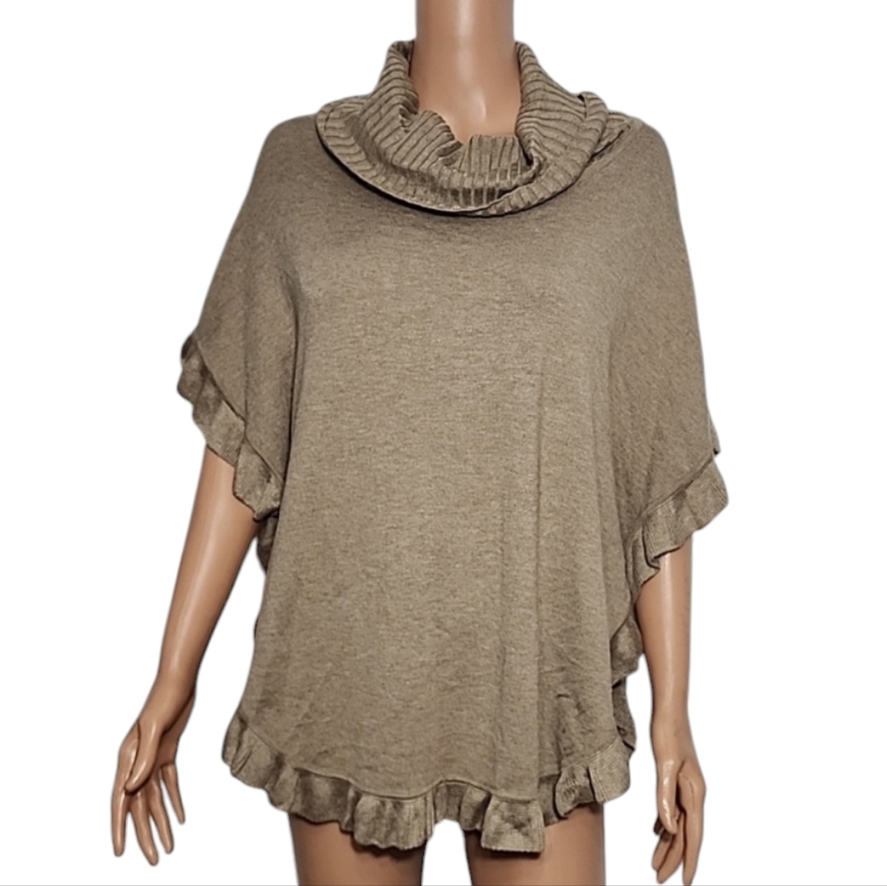 Joseph A Poncho Sweater in Tan Cowl Neckline Ruffled Hem Size M ‎ Medium  NWT